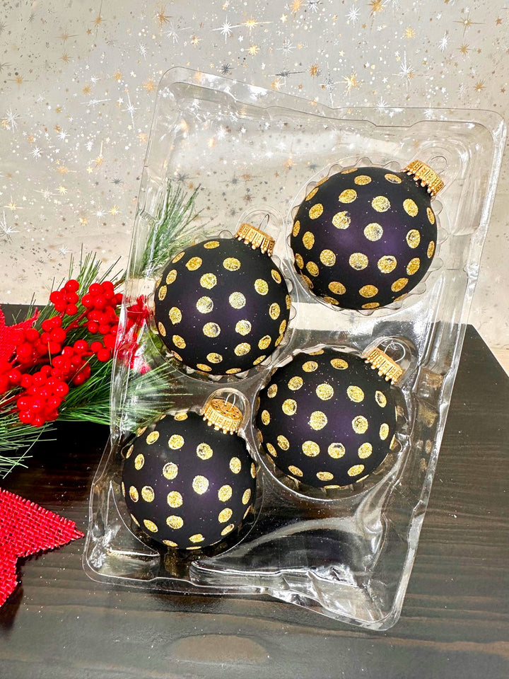 Glass Christmas Tree Ornaments - 67mm/2.63" [4 Pieces] Decorated Balls from Christmas by Krebs Seamless Hanging Holiday Decor (Ebony Velvet with Gold Dots)