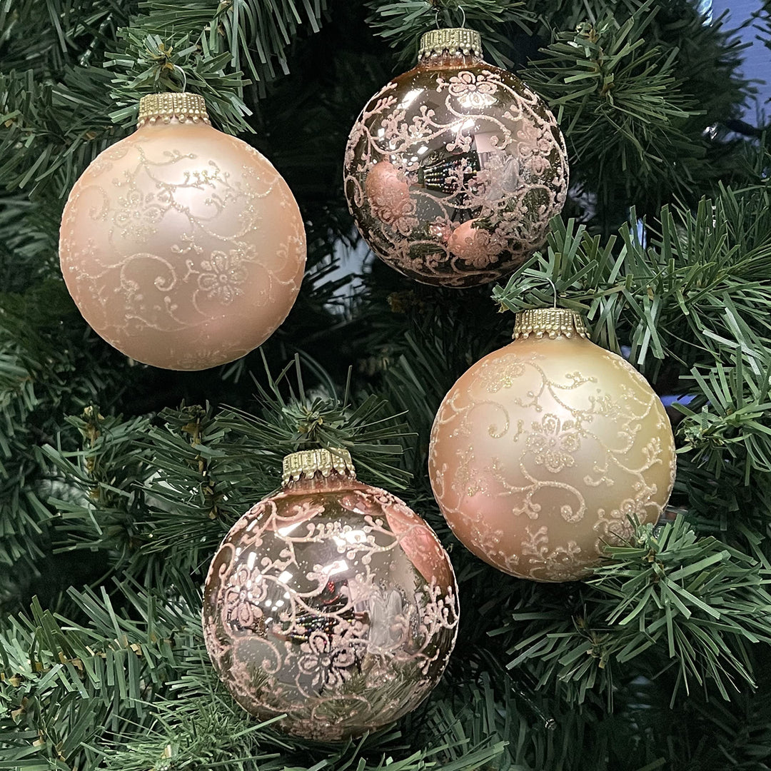 Glass Christmas Tree Ornaments - 67mm/2.63" [4 Pieces] Decorated Balls from Christmas by Krebs Seamless Hanging Holiday Decor (Rose Shine and Velvet Pink with Glitterlace)