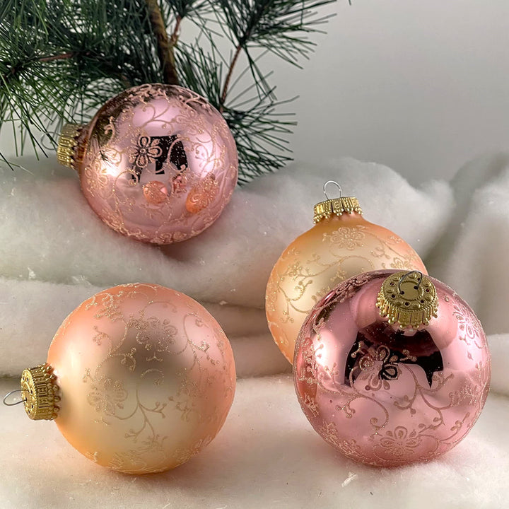 Glass Christmas Tree Ornaments - 67mm/2.63" [4 Pieces] Decorated Balls from Christmas by Krebs Seamless Hanging Holiday Decor (Rose Shine and Velvet Pink with Glitterlace)