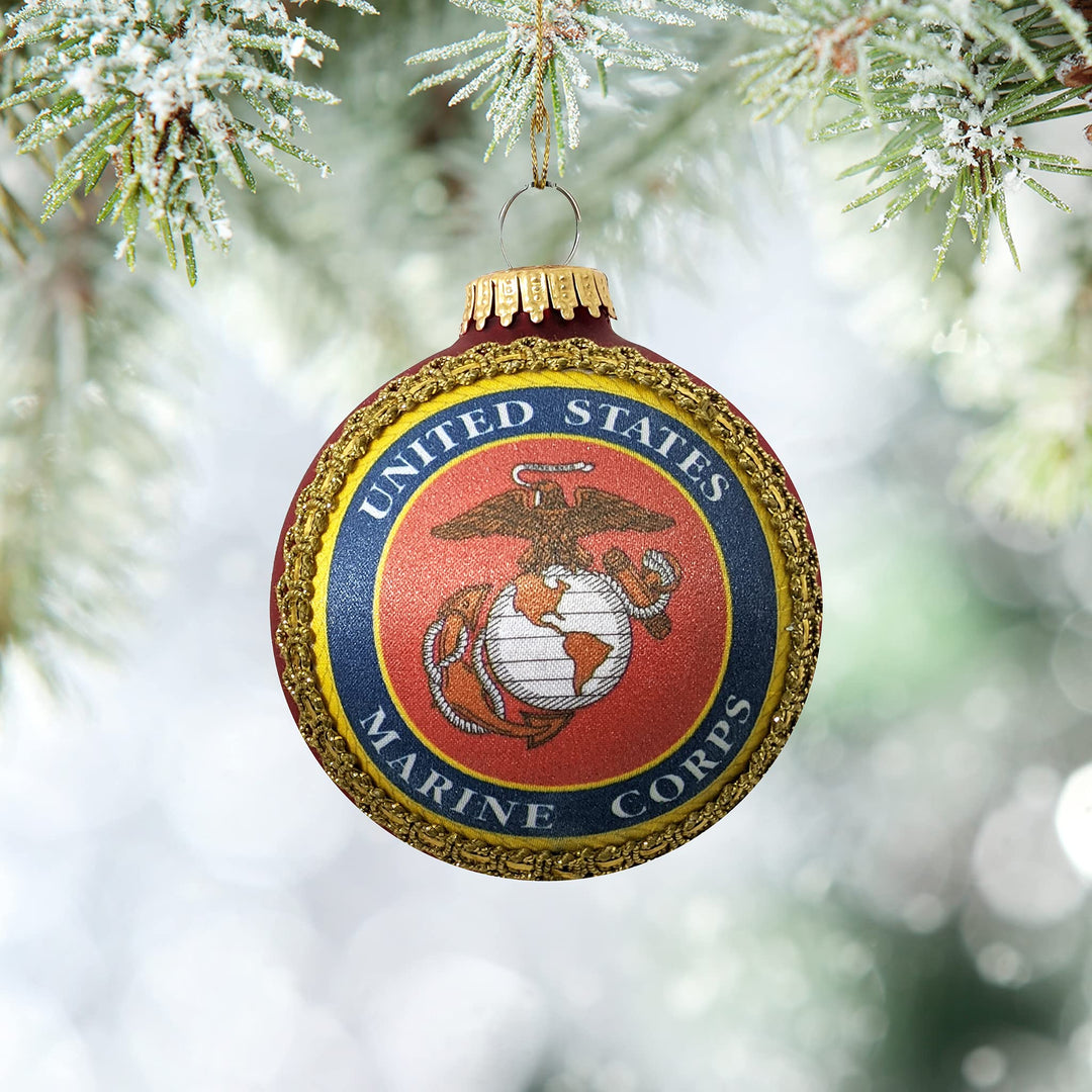 Christmas Tree Ornaments Made in the USA - 80mm / 3.25" Decorated Collectible Glass Balls from Christmas by Krebs - Handmade Hanging Holiday Decorations for Trees (Marine Corps Crest and Motto Silk With Hymn, Silk)