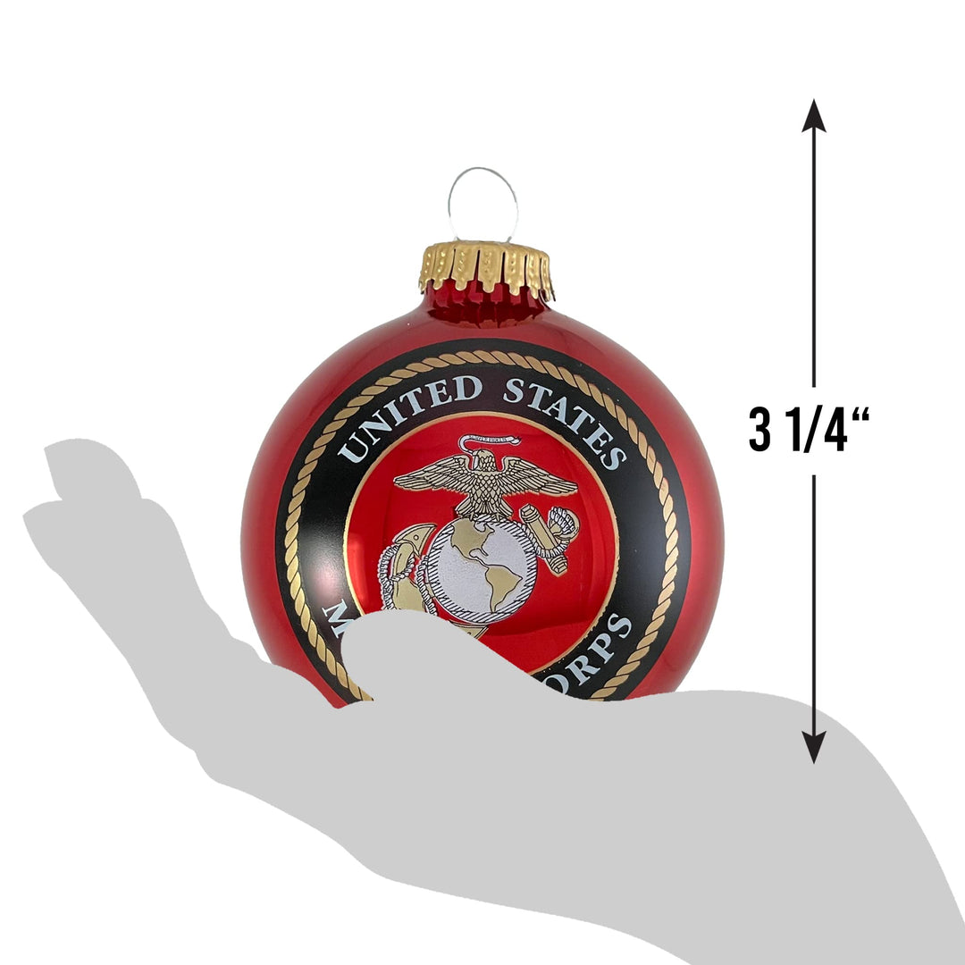 Christmas Tree Ornaments Made in the USA - 80mm / 3.25" Decorated Collectible Glass Balls from Christmas by Krebs - Handmade Hanging Holiday Decorations for Trees (USMC Marine Corps Logo & Hymn, Hymn)