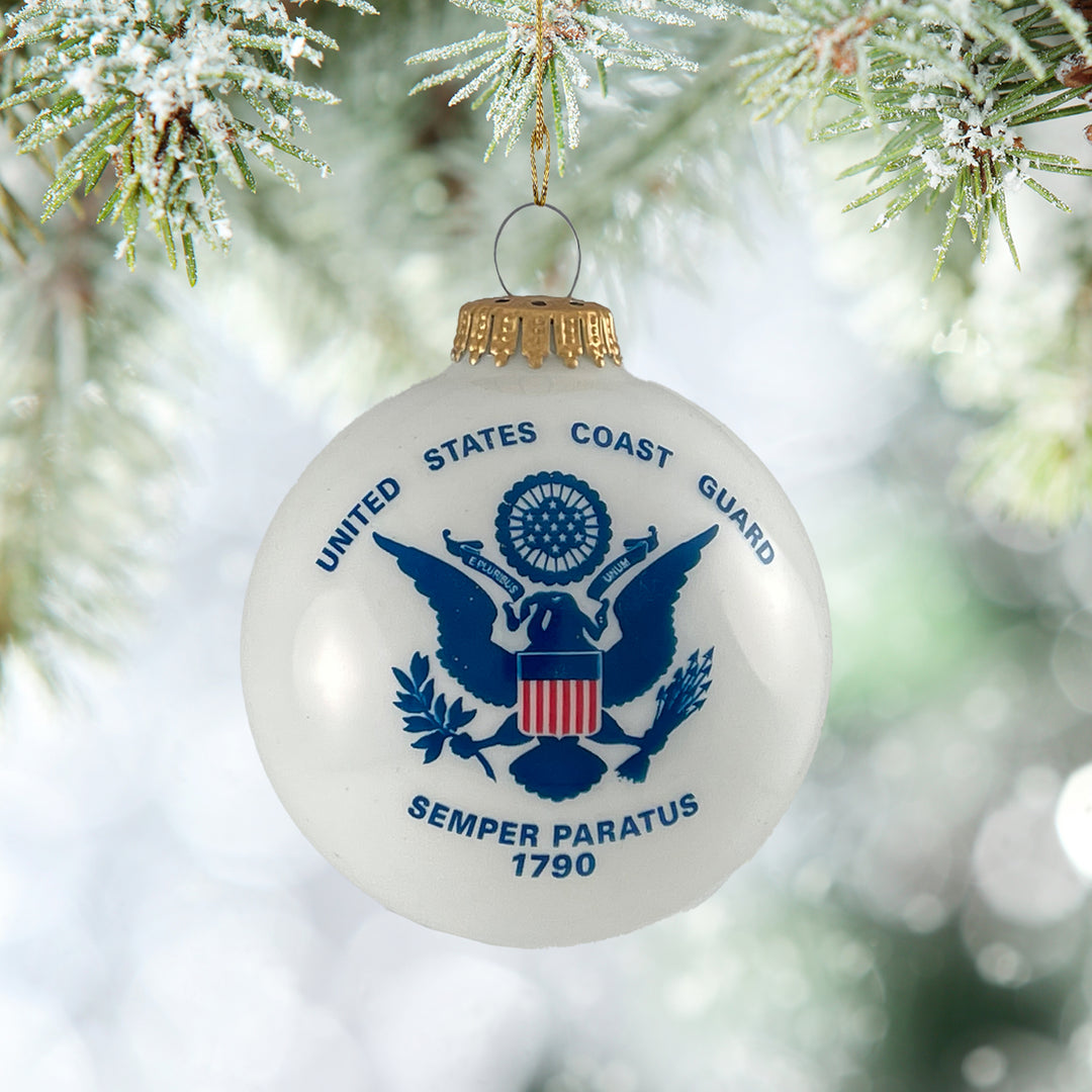 Christmas Tree Ornaments Made in the USA - 80mm / 3.25" Decorated Collectible Glass Balls from Christmas by Krebs - Handmade Hanging Holiday Decorations for Trees (Coast Guard with Established Date, Silk)