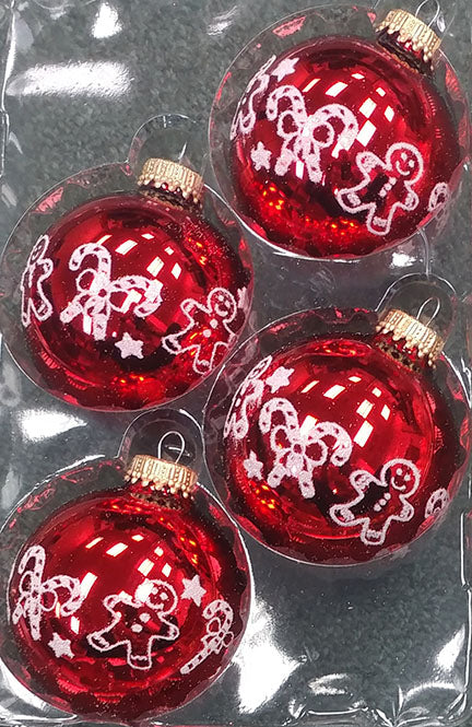 Glass Christmas Tree Ornaments - 67mm/2.625" [4 Pieces] Decorated Balls from Christmas by Krebs Seamless Hanging Holiday Decor (Christmas Red with White Gingerbread & Candy Canes)