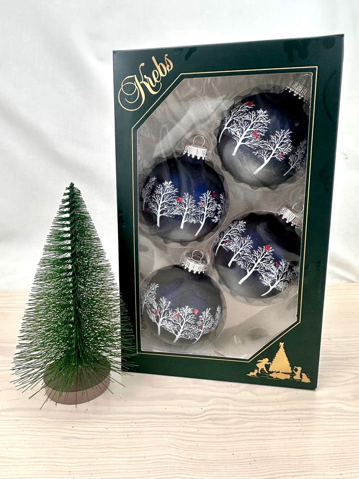 Glass Christmas Tree Ornaments - 67mm/2.63" [4 Pieces] Decorated Balls from Christmas by Krebs Seamless Hanging Holiday Decor (Midnight Haze & Silver w/ Trees & Cardinals)