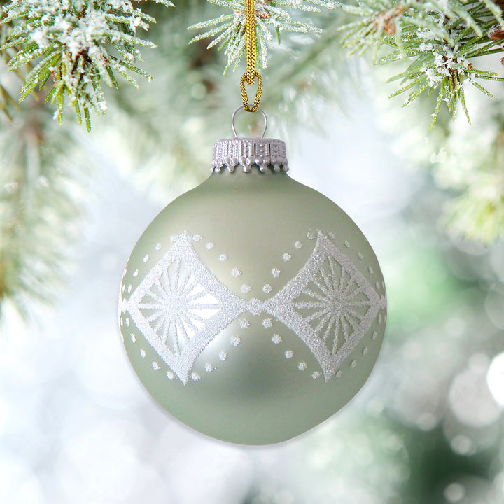 Glass Christmas Tree Ornaments - 67mm/2.625" [4 Pieces] Decorated Balls from Christmas by Krebs Seamless Hanging Holiday Decor (Beach Glass Green Velvet with White Star Diamonds)