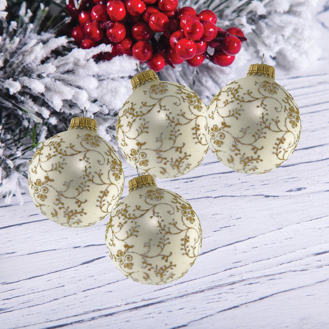 Glass Christmas Tree Ornaments - 67mm/2.63" [4 Pieces] Decorated Balls from Christmas by Krebs Seamless Hanging Holiday Decor (Classic Antique Velvet with Gold Glitterlace)