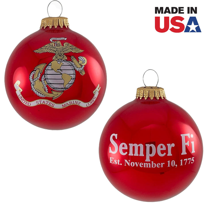 Christmas Tree Ornaments Made in the USA - 80mm / 3.25" Decorated Collectible Glass Balls from Christmas by Krebs - Handmade Hanging Holiday Decorations for Trees (Marine Corps with Established Date, Silk)