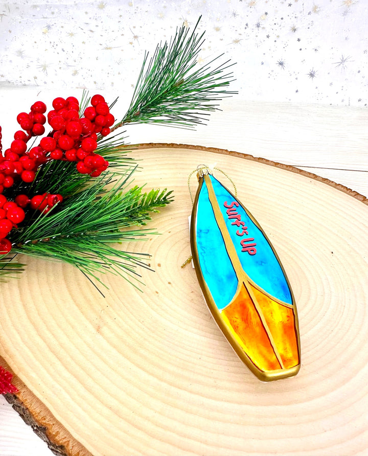 Christmas By Krebs Blown Glass  Collectible Tree Ornaments  (5 1/4" Surfboard)