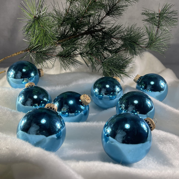 Christmas By Krebs Made in The USA Designer Seamless Glass Christmas Ball Ornaments, 2 5/8" (67mm), 8 Pieces (Shiny Pale Turquoise)