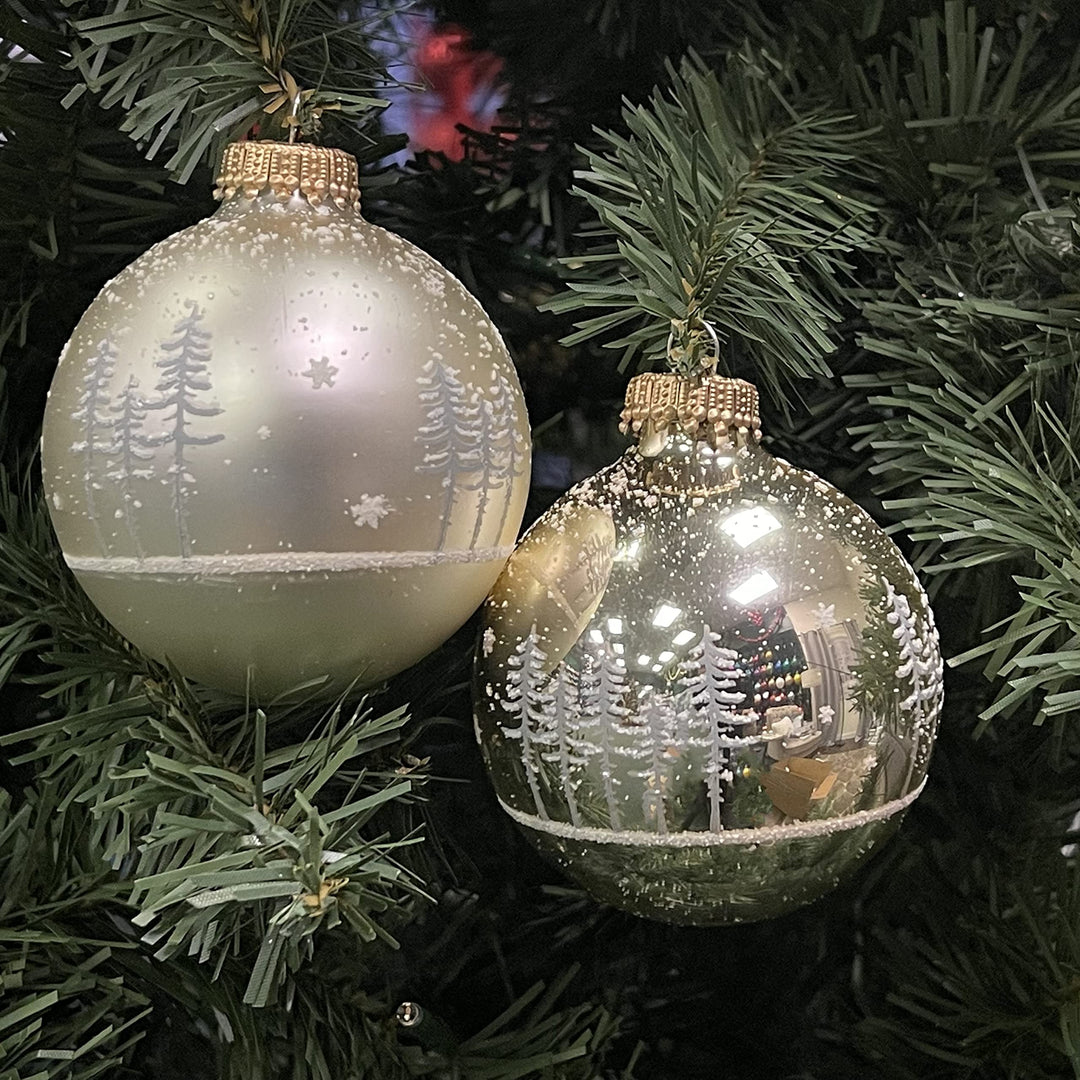 Glass Christmas Tree Ornaments - 67mm/2.63" [4 Pieces] Decorated Balls from Christmas by Krebs Seamless Hanging Holiday Decor (Vanilla Velvet and Pearl White with Trees)