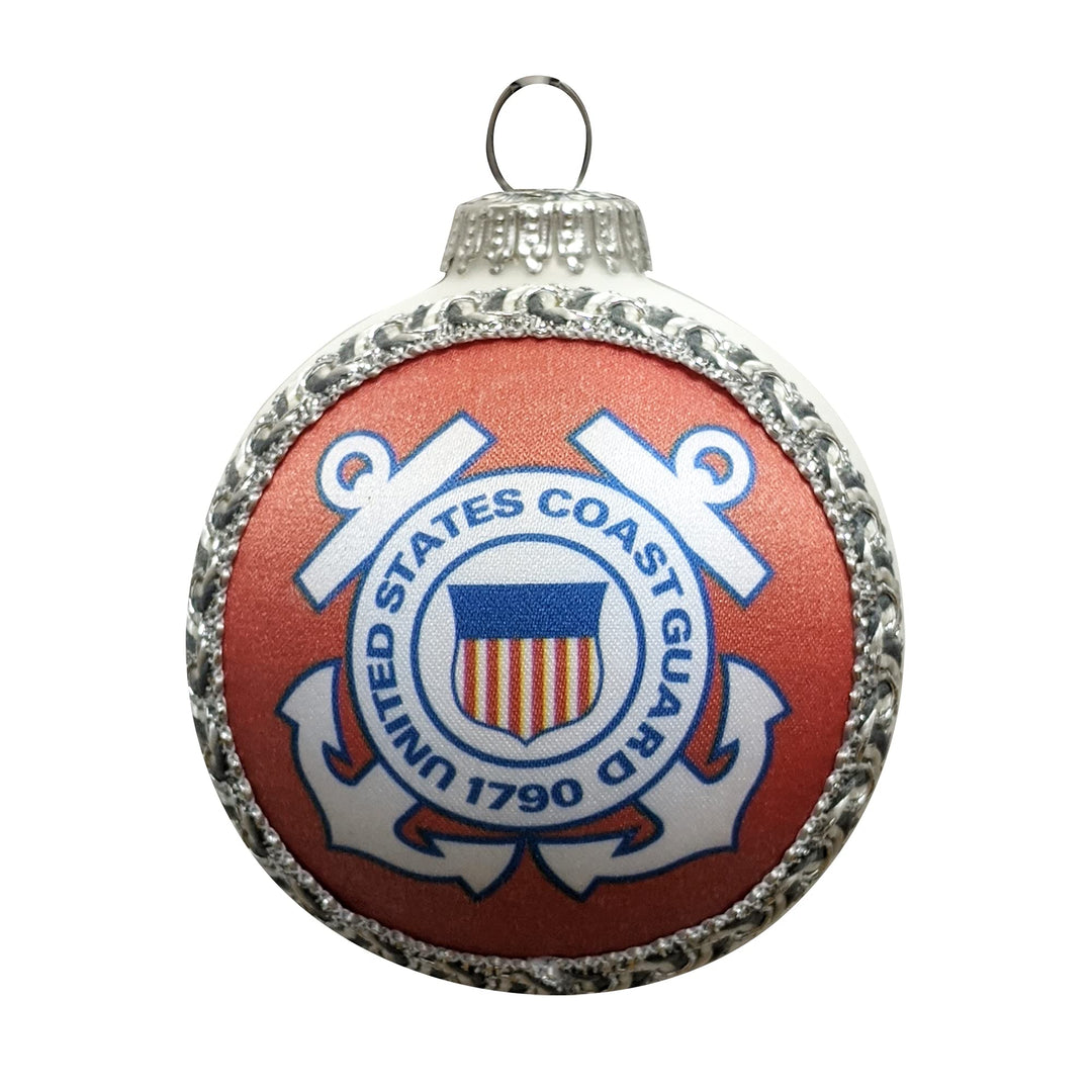 Christmas Tree Ornaments Made in the USA - 80mm / 3.25" Decorated Collectible Glass Balls from Christmas by Krebs - Handmade Hanging Holiday Decorations for Trees (USCG Coast Guard Logo & Hymn, Silk)