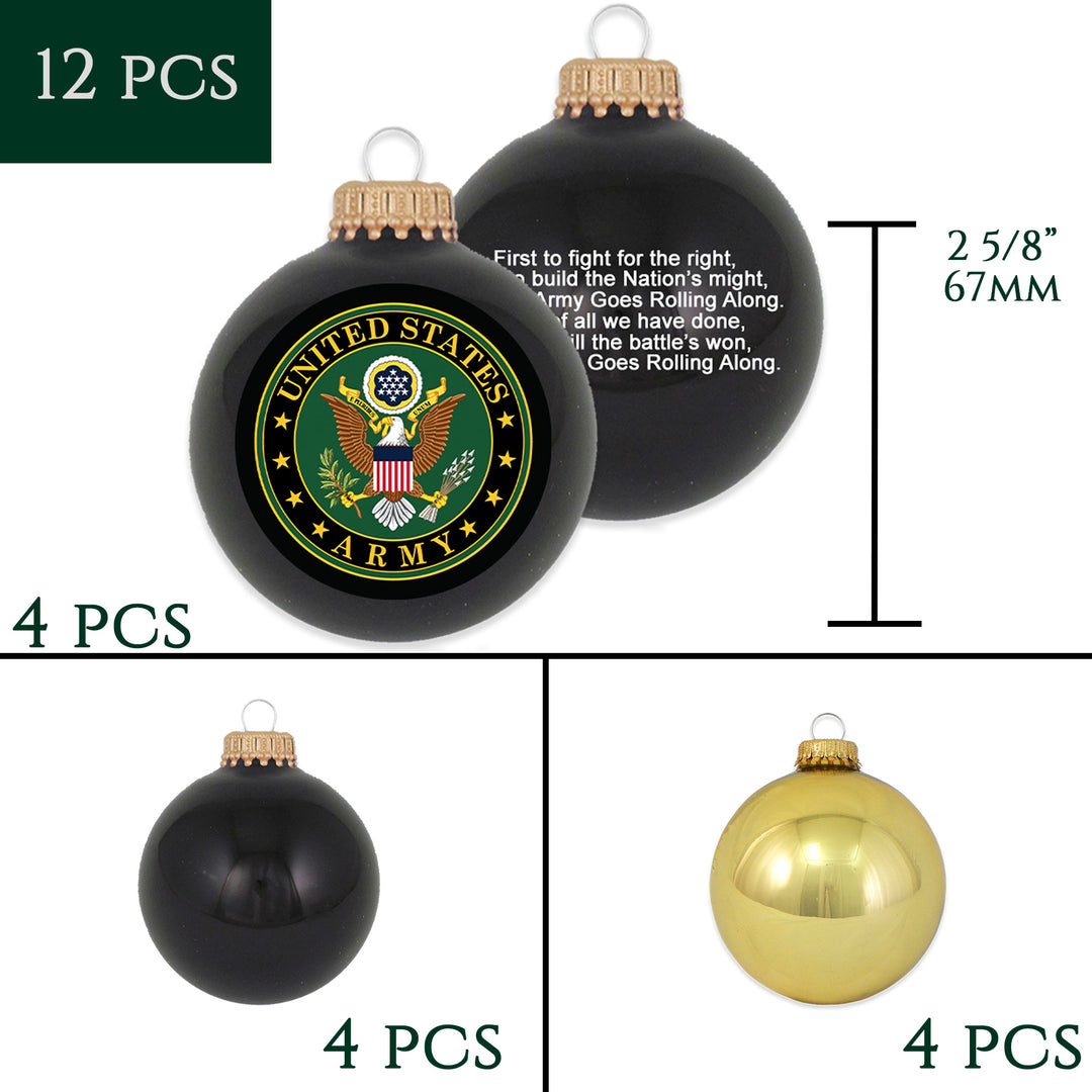 Christmas Tree Ornaments - Military Glass Balls from Christmas by Krebs - Handmade Seamless Hanging Holiday Decorations for Trees (67mm/2.625" Black and Gold Army Variety Set of 12)