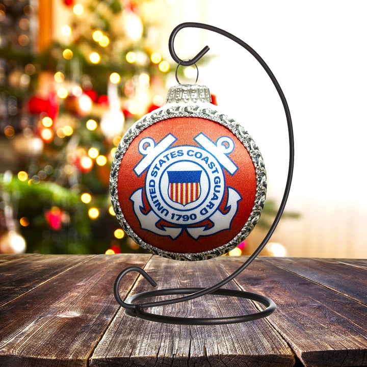 Christmas Tree Ornaments Made in the USA - 80mm / 3.25" Decorated Collectible Glass Balls from Christmas by Krebs - Handmade Hanging Holiday Decorations for Trees (USCG Coast Guard Logo & Hymn, Silk)