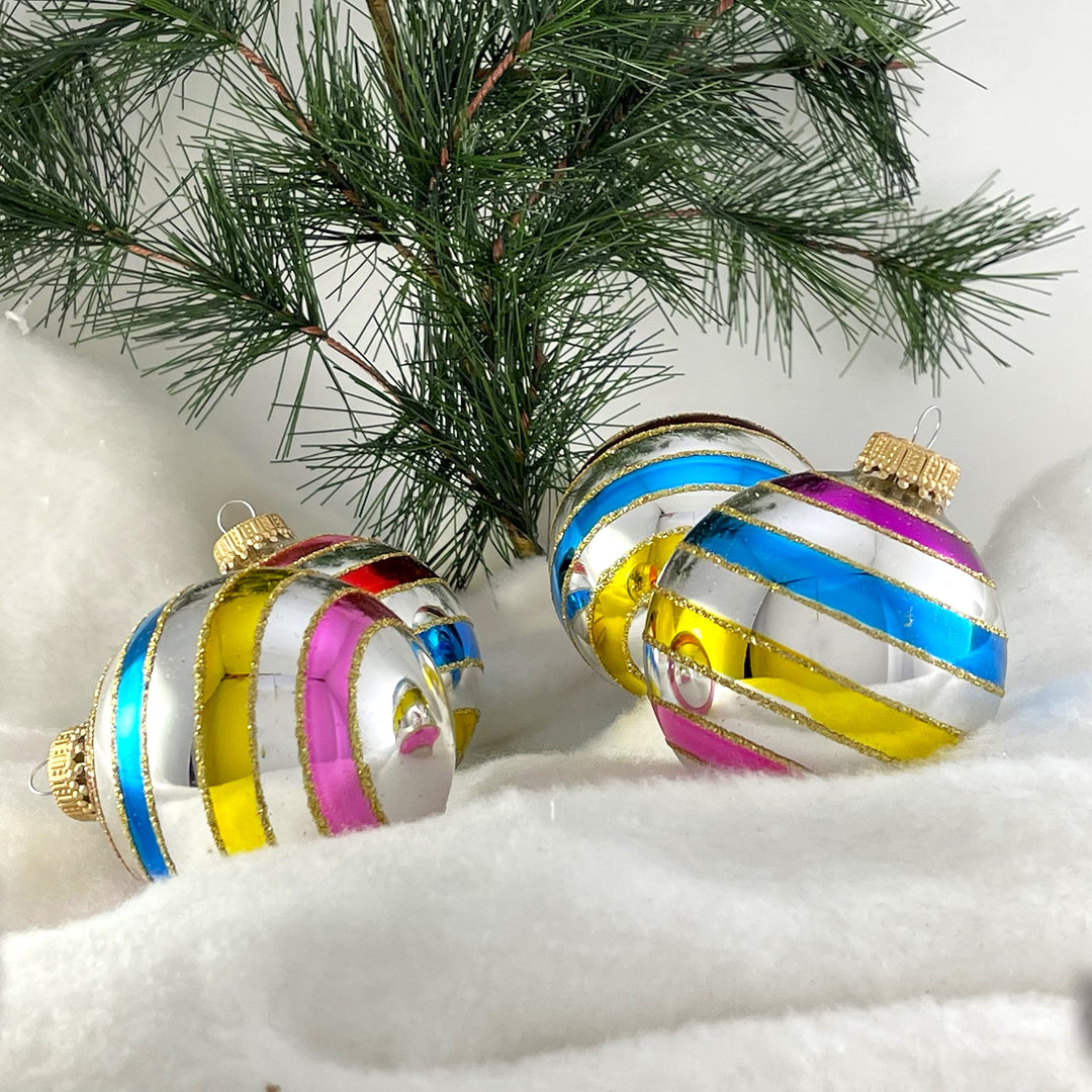 Glass Christmas Tree Ornaments - 67mm/2.63" [4 Pieces] Decorated Balls from Christmas by Krebs Seamless Hanging Holiday Decor (Bright Silver with Multicolor Lines)