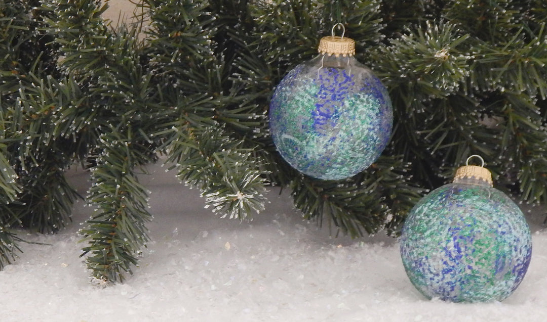 Glass Christmas Tree Ornaments - 67mm/2.63" [4 Pieces] Decorated Balls from Christmas by Krebs Seamless Hanging Holiday Decor (Clear with Blue Glitter Sponge Pattern)