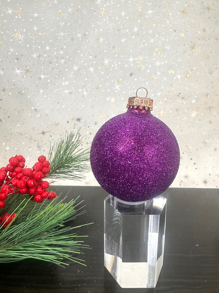 Glass Christmas Tree Ornaments - 67mm/2.63" Designer Balls from Christmas by Krebs - Seamless Hanging Holiday Decorations for Trees - Set of 12 Ornaments (Shiny, Velvet and Glitter Purple)