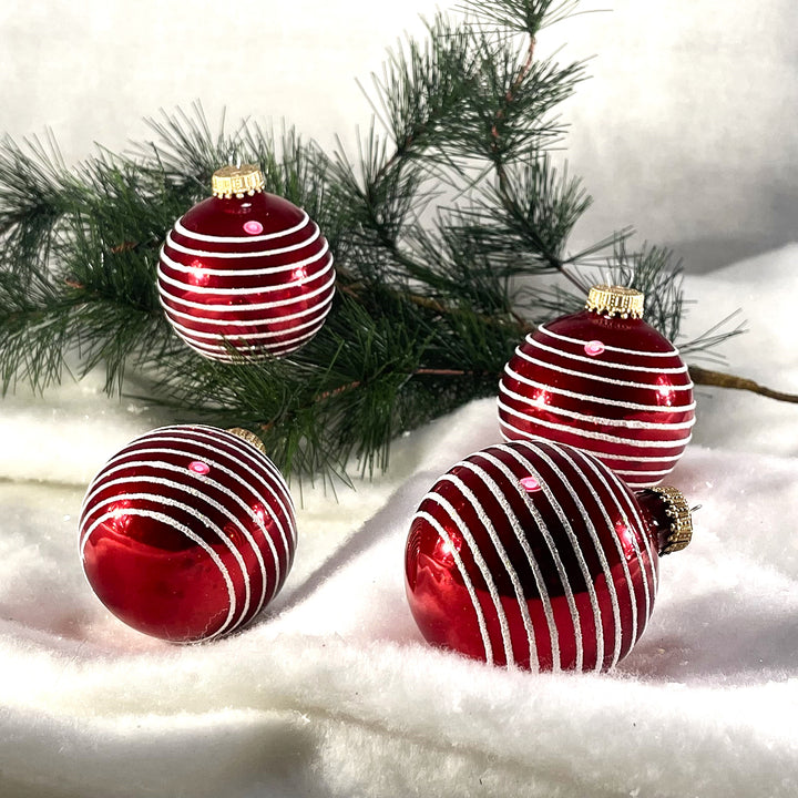 Glass Christmas Tree Ornaments - 67mm/2.625" [4 Pieces] Decorated Balls from Christmas by Krebs Seamless Hanging Holiday Decor (Candy Apple Red with White Thin Stripes)