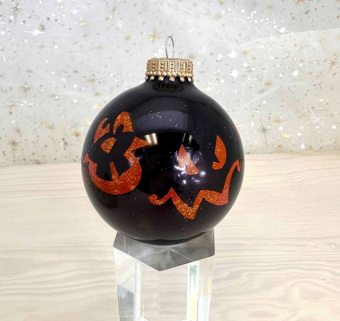 Halloween Tree Ornaments - 67mm/2.625" Decorated Glass Balls from Christmas by Krebs - Handmade Seamless Hanging Holiday Decorations for Trees - Set of 4 (Shiny Ebony Black with Faces)