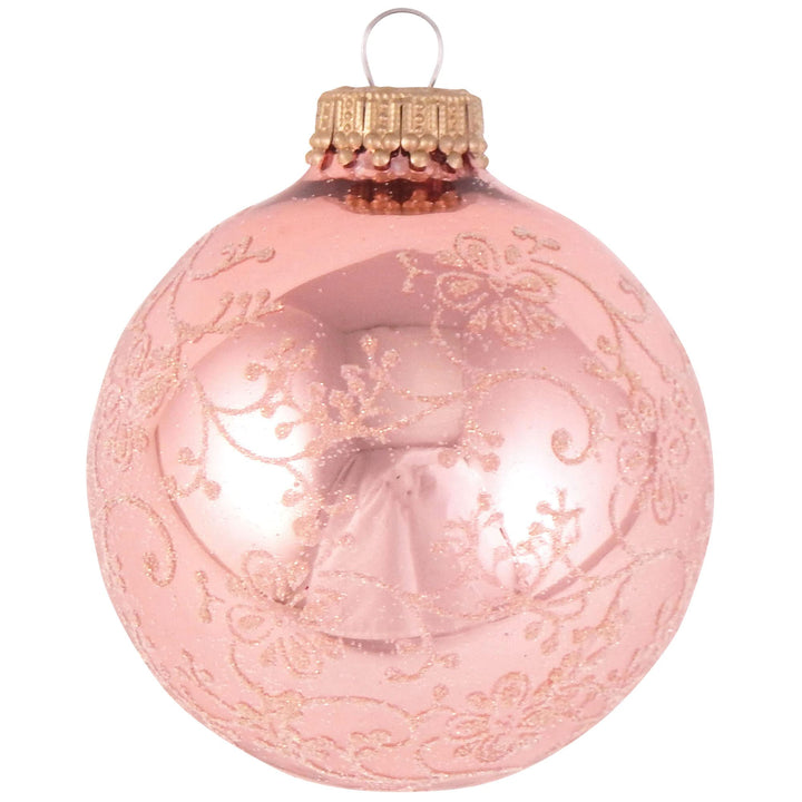 Glass Christmas Tree Ornaments - 67mm/2.63" [4 Pieces] Decorated Balls from Christmas by Krebs Seamless Hanging Holiday Decor (Rose Shine and Velvet Pink with Glitterlace)