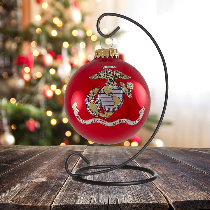 Christmas Tree Ornaments Made in the USA - 80mm / 3.25" Decorated Collectible Glass Balls from Christmas by Krebs - Handmade Hanging Holiday Decorations for Trees (Marine Corps with Established Date, Silk)