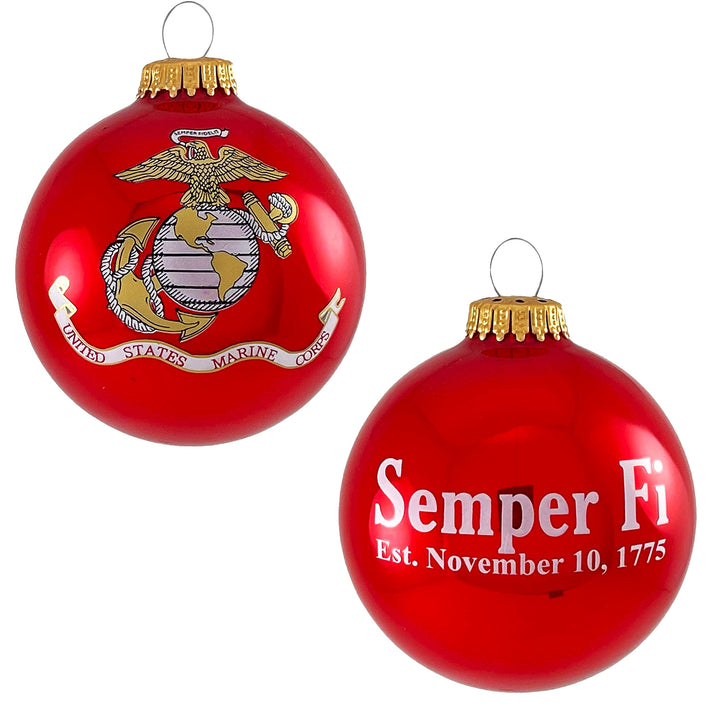 Christmas Tree Ornaments Made in the USA - 80mm / 3.25" Decorated Collectible Glass Balls from Christmas by Krebs - Handmade Hanging Holiday Decorations for Trees (Marine Corps with Established Date, Silk)