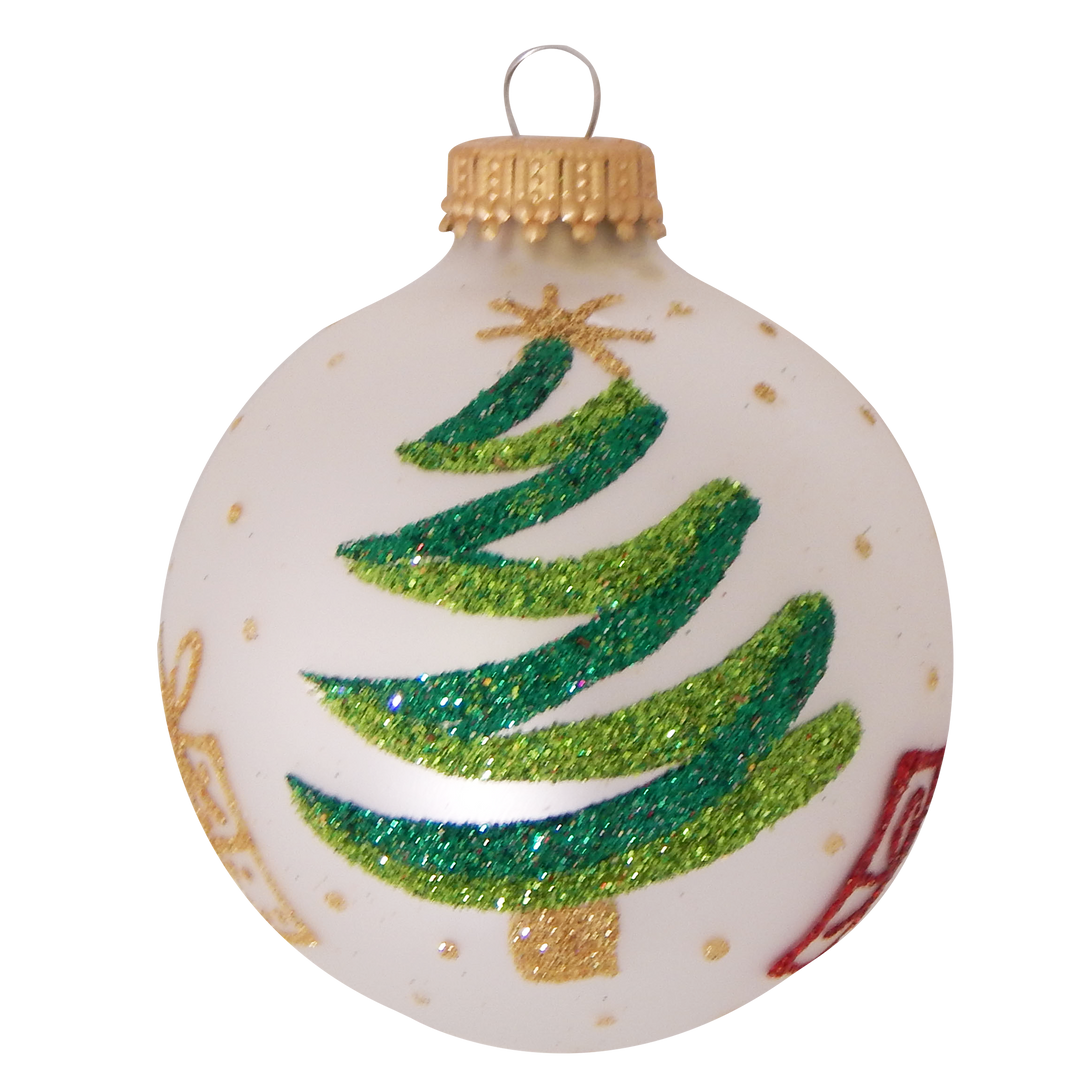 Glass Christmas Tree Ornaments - 67mm/2.63" [4 Pieces] Decorated Balls from Christmas by Krebs Seamless Hanging Holiday Decor (Silver Pearl with Tree and Gifts)