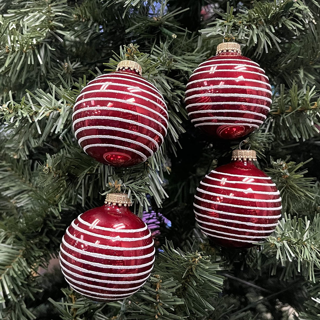 Glass Christmas Tree Ornaments - 67mm/2.625" [4 Pieces] Decorated Balls from Christmas by Krebs Seamless Hanging Holiday Decor (Candy Apple Red with White Thin Stripes)