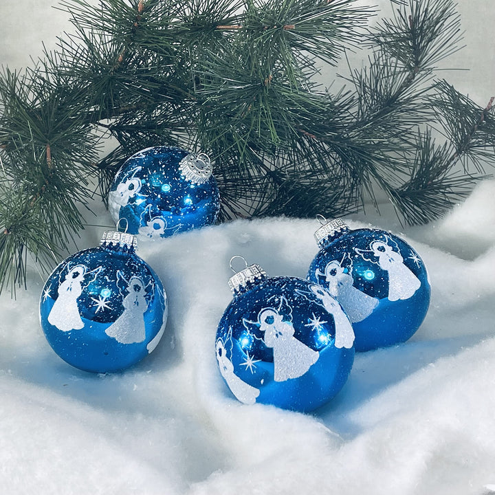 Glass Christmas Tree Ornaments - 67mm/2.63" [4 Pieces] Decorated Balls from Christmas by Krebs Seamless Hanging Holiday Decor (Blue with White Glitter Angel Band & Spritz)