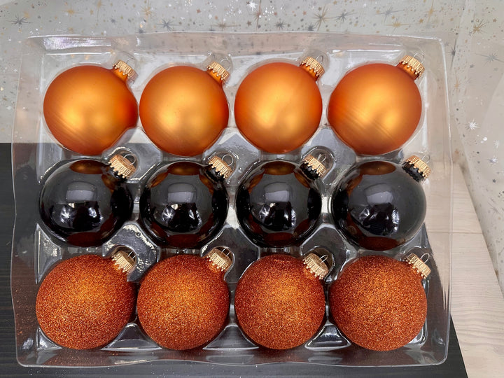 Glass Christmas Tree Ornaments - 67mm/2.63" Designer Balls from Christmas by Krebs - Seamless Hanging Holiday Decorations for Trees - Set of 12 Ornaments (Orange Velvet, Shiny Black & Brown Glitter)