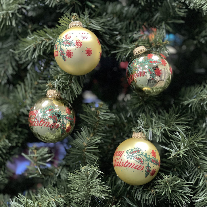 Glass Christmas Tree Ornaments - 67mm/2.63" [4 Pieces] Decorated Balls from Christmas by Krebs Seamless Hanging Holiday Decor (Aztec Gold & Gold Velvet with Red "Merry Christmas" and Green Glitter Leaves)