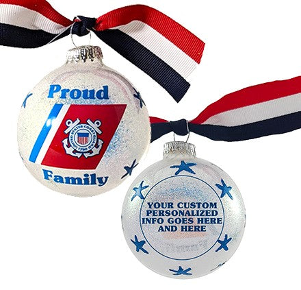 Christmas Tree Ornaments Made in the USA - 80mm / 3.25" Decorated Collectible Glass Balls from Christmas by Krebs - Handmade Hanging Holiday Decorations for Trees (HUGS Proud Coast Guard Family, Silk)