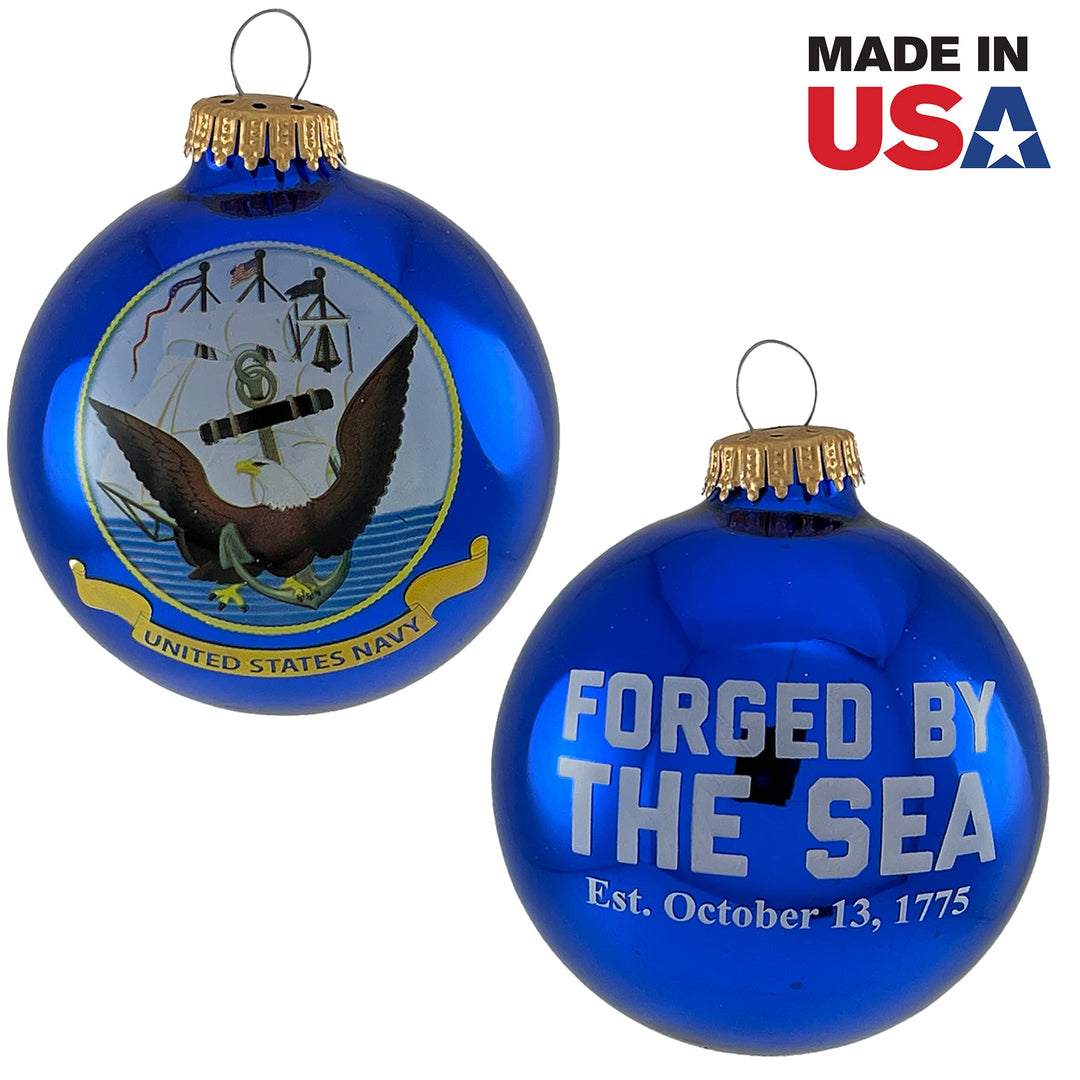 Christmas Tree Ornaments Made in the USA - 80mm / 3.25" Decorated Collectible Glass Balls from Christmas by Krebs - Handmade Hanging Holiday Decorations for Trees (Navy with Established Date, Silk)