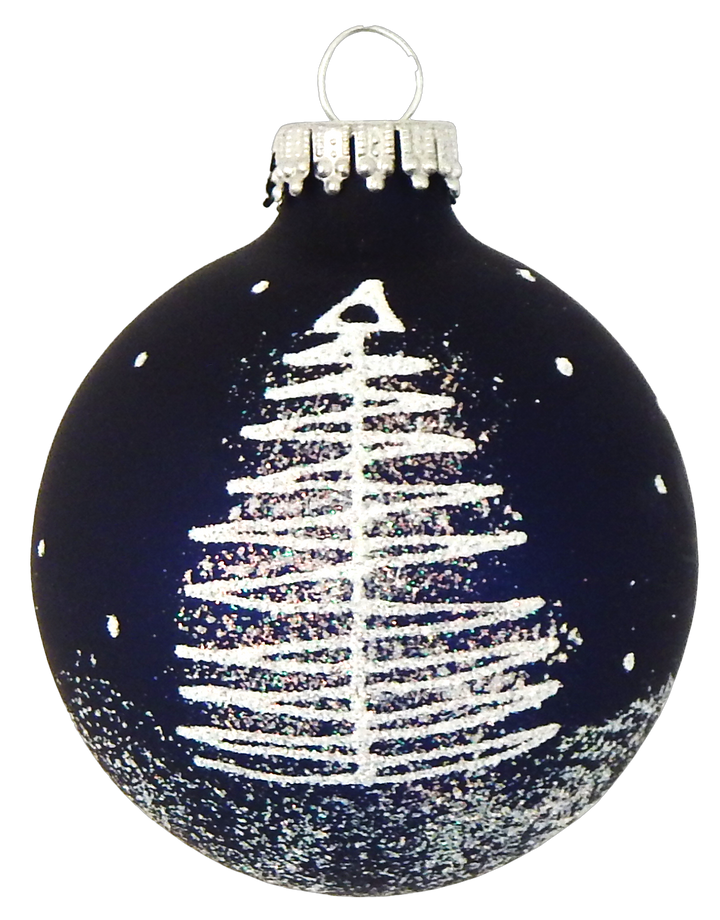 Glass Christmas Tree Ornaments - 67mm/2.625" [4 Pieces] Decorated Balls from Christmas by Krebs Seamless Hanging Holiday Decor (Navy Velvet with White Scribble Tree)