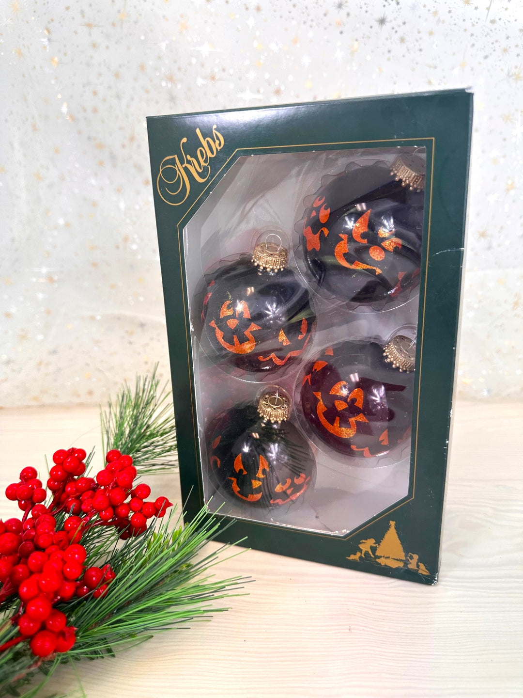 Halloween Tree Ornaments - 67mm/2.625" Decorated Glass Balls from Christmas by Krebs - Handmade Seamless Hanging Holiday Decorations for Trees - Set of 4 (Shiny Ebony Black with Faces)