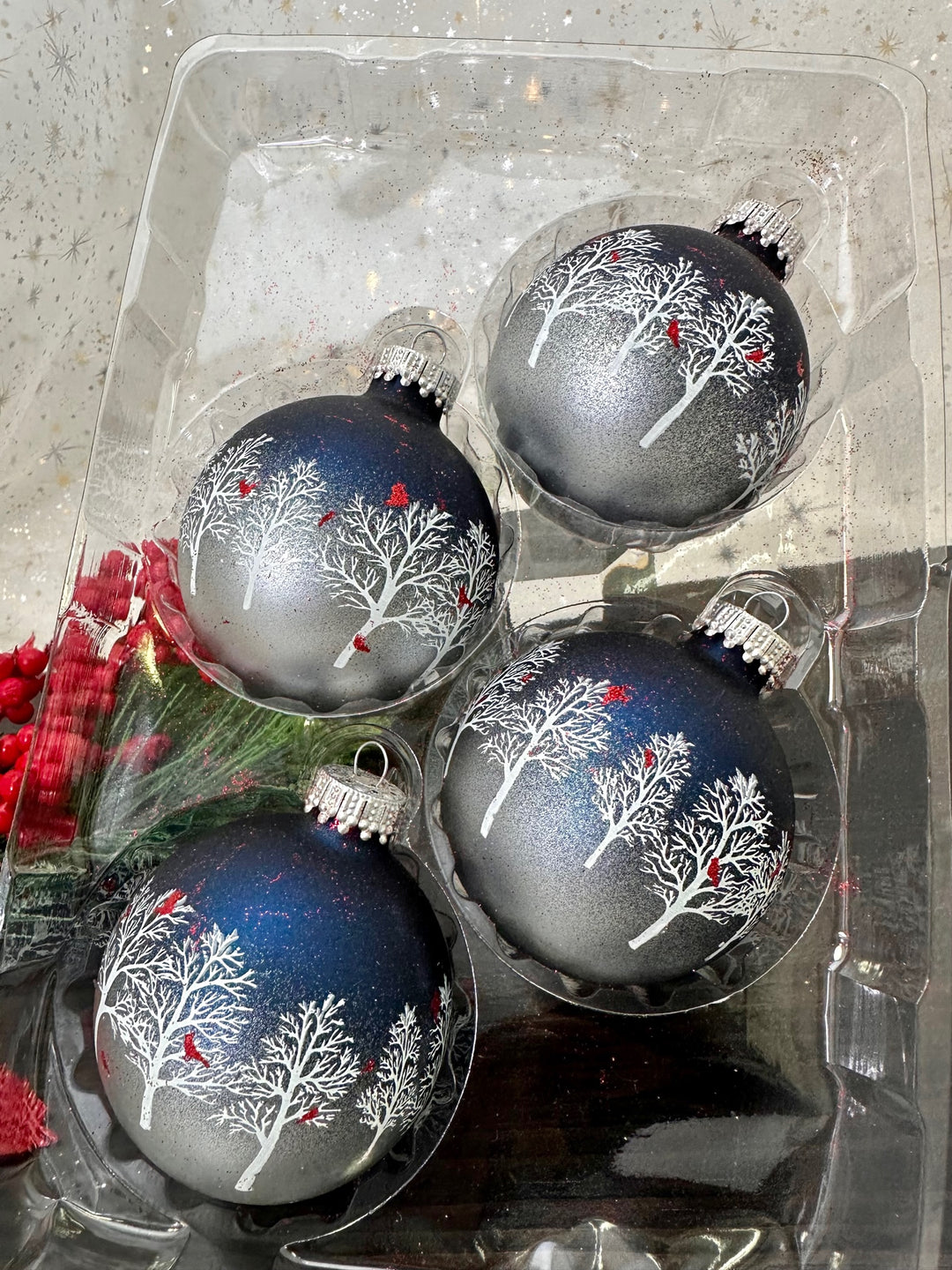 Glass Christmas Tree Ornaments - 67mm/2.63" [4 Pieces] Decorated Balls from Christmas by Krebs Seamless Hanging Holiday Decor (Midnight Haze & Silver w/ Trees & Cardinals)