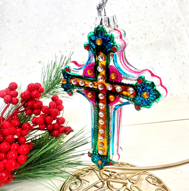 Christmas By Krebs Blown Glass  Collectible Tree Ornaments  (5" Cross)