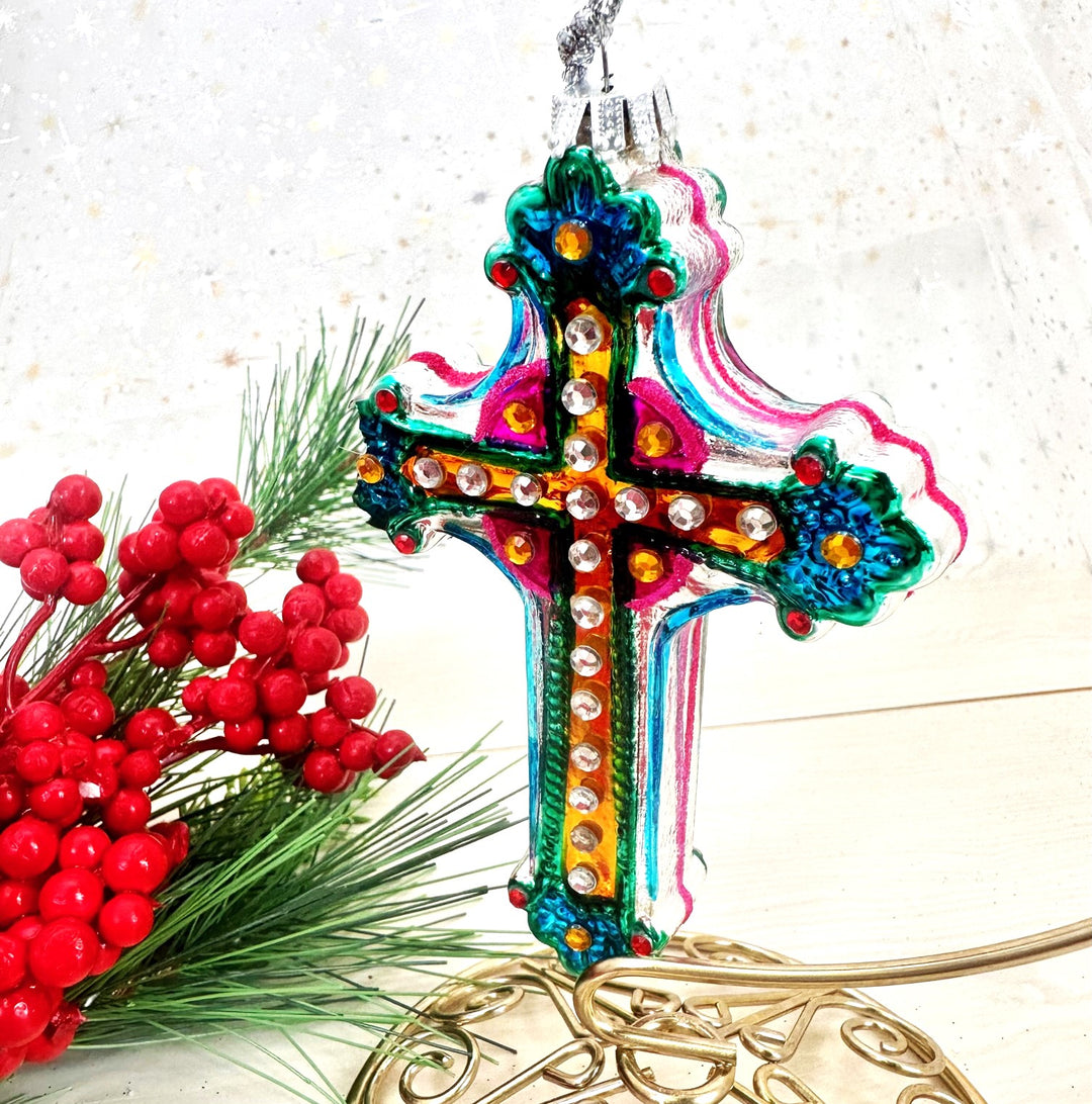 Christmas By Krebs Blown Glass  Collectible Tree Ornaments  (5" Cross)