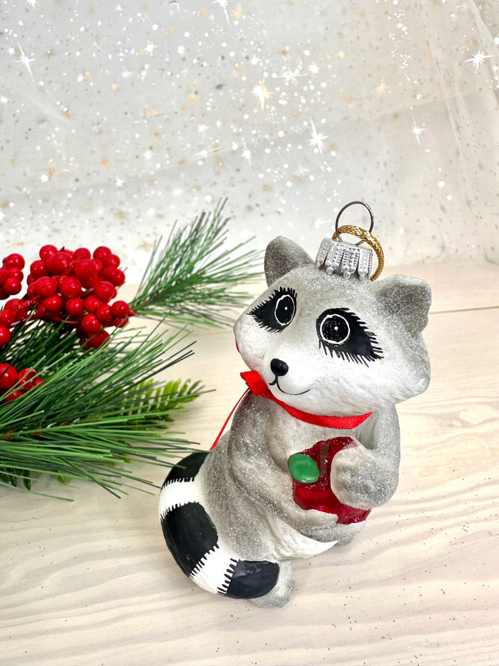 Christmas By Krebs Blown Glass  Collectible Tree Ornaments  (4" Racoon with Apple)