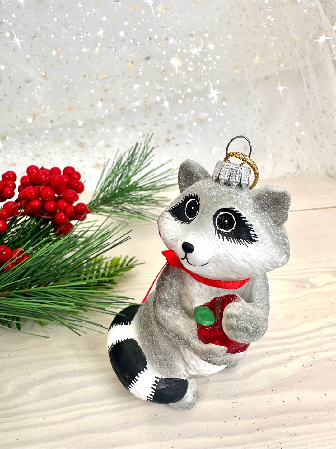 Christmas By Krebs Blown Glass  Collectible Tree Ornaments  (4" Racoon with Apple)