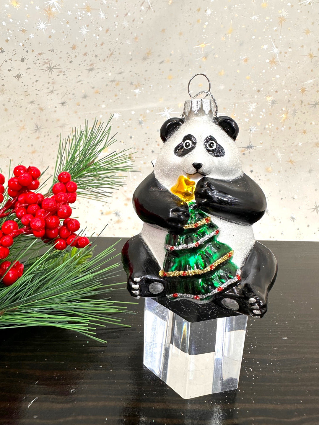 Christmas By Krebs Blown Glass  Collectible Tree Ornaments  (Panda Holding Christmas Tree)