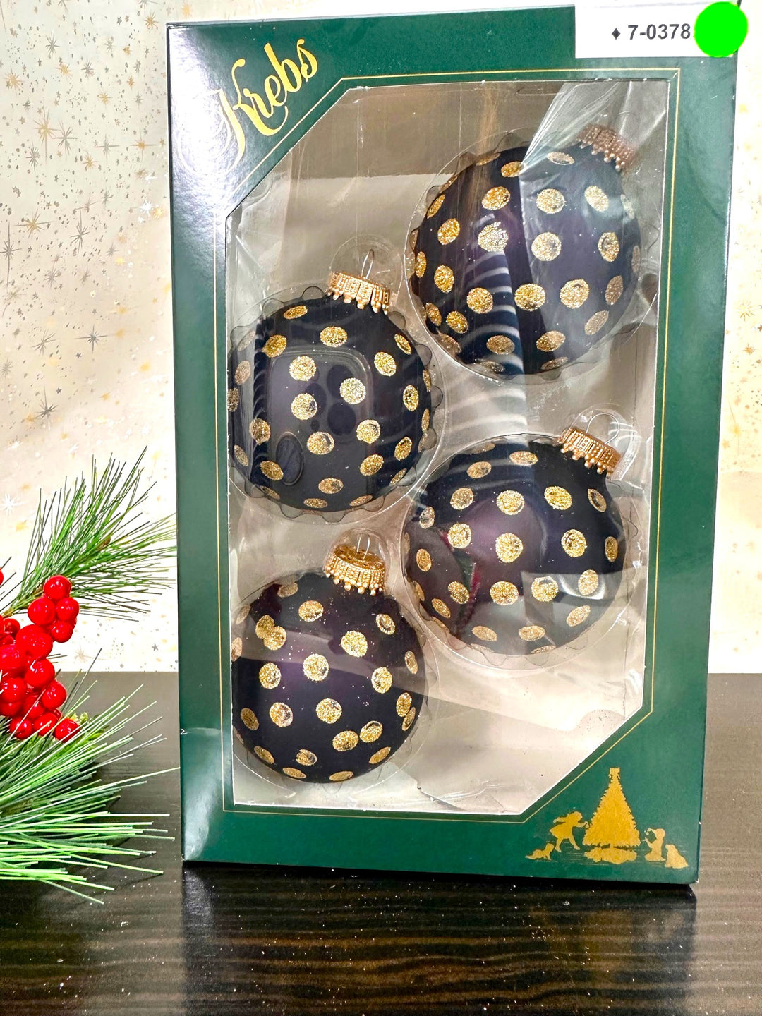 Glass Christmas Tree Ornaments - 67mm/2.63" [4 Pieces] Decorated Balls from Christmas by Krebs Seamless Hanging Holiday Decor (Ebony Velvet with Gold Dots)