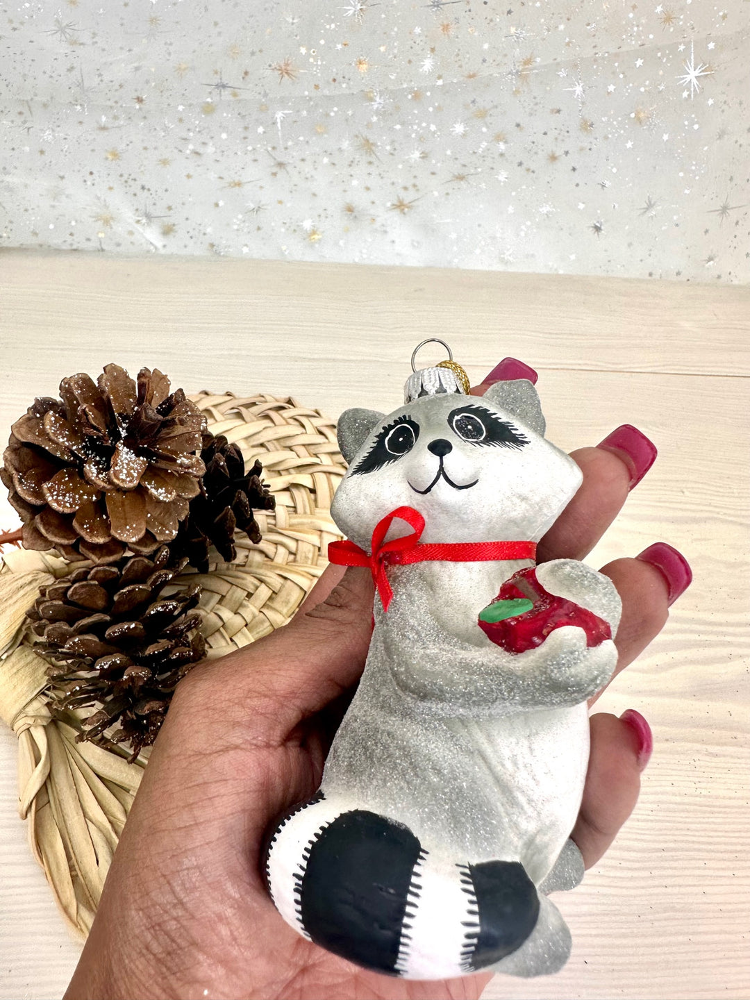 Christmas By Krebs Blown Glass  Collectible Tree Ornaments  (4" Racoon with Apple)