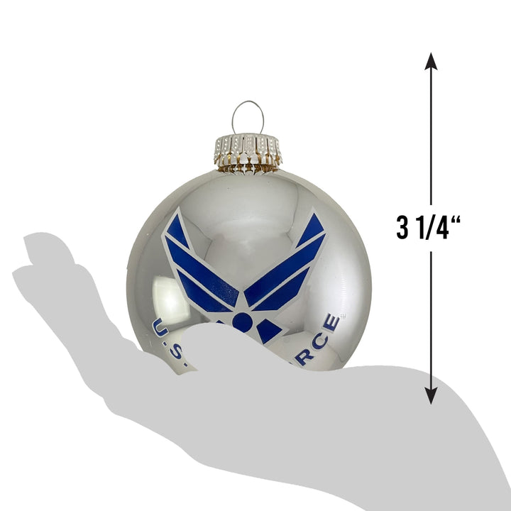 Christmas Tree Ornaments Made in the USA - 80mm / 3.25" Decorated Collectible Glass Balls from Christmas by Krebs - Handmade Hanging Holiday Decoration for Trees (USAF Logo & Hymn, Silver)