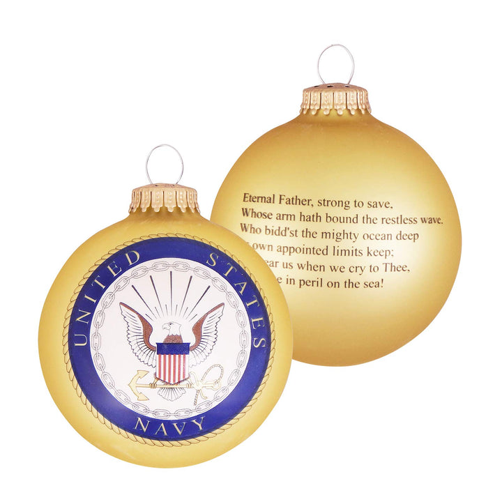 Christmas Tree Ornaments Made in the USA - 80mm / 3.25" Decorated Collectible Glass Balls from Christmas by Krebs - Handmade Hanging Holiday Decoration for Trees (USN Logo & Hymn, Matte)