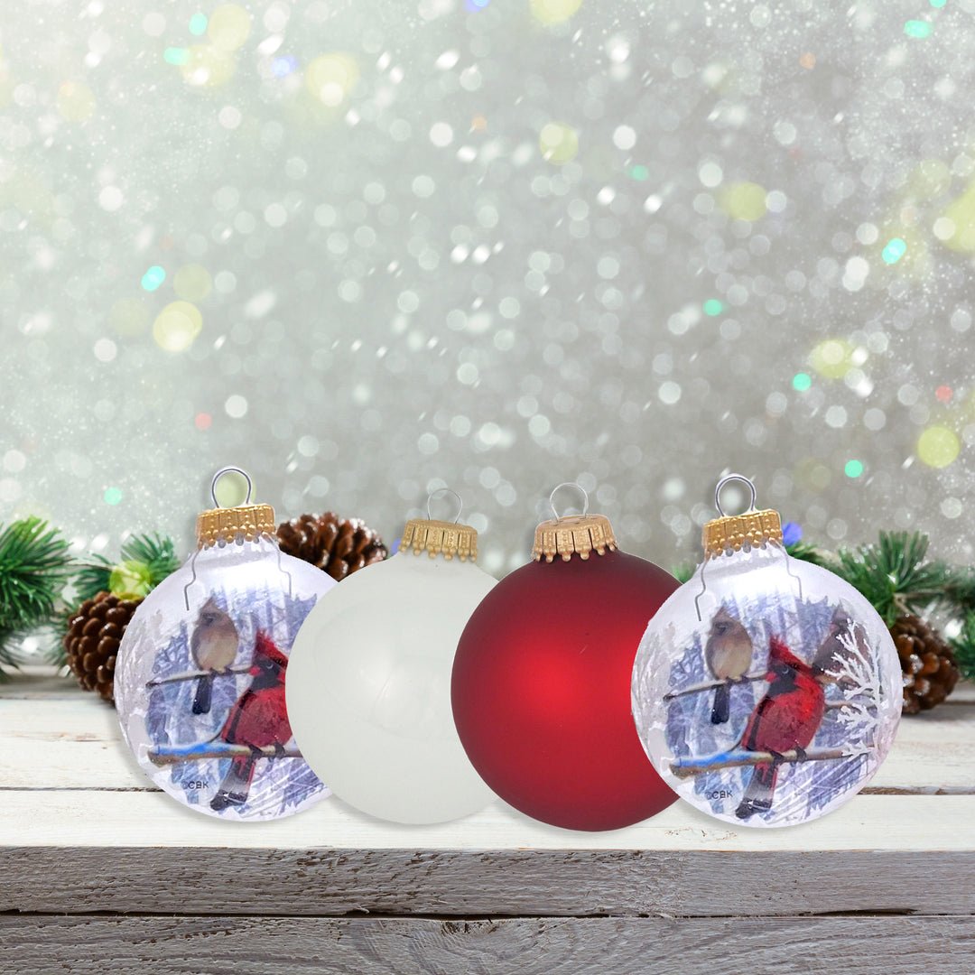 Glass Christmas Tree Ornaments - 67mm/2.63" Designer Balls from Christmas by Krebs - Seamless Hanging Holiday Decorations for Trees - Set of 12 Ornaments (White and Red with Reverse Print Cardinal)