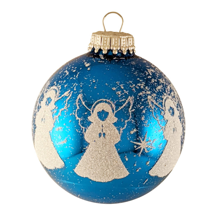 Glass Christmas Tree Ornaments - 67mm/2.63" [4 Pieces] Decorated Balls from Christmas by Krebs Seamless Hanging Holiday Decor (Blue with White Glitter Angel Band & Spritz)