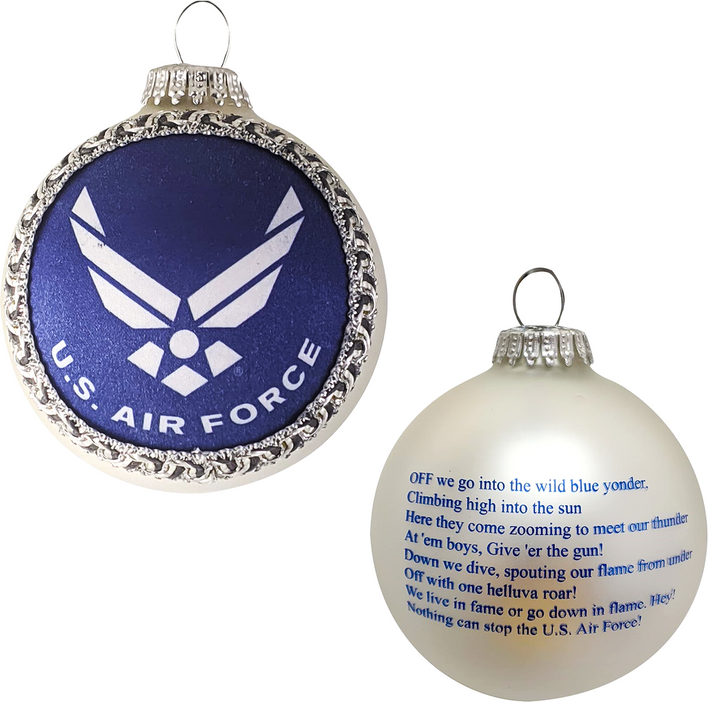 Christmas Tree Ornaments Made in the USA - 80mm / 3.25" Decorated Collectible Glass Balls from Christmas by Krebs - Handmade Hanging Holiday Decoration for Trees (USAF Logo and Hymn, Silk)