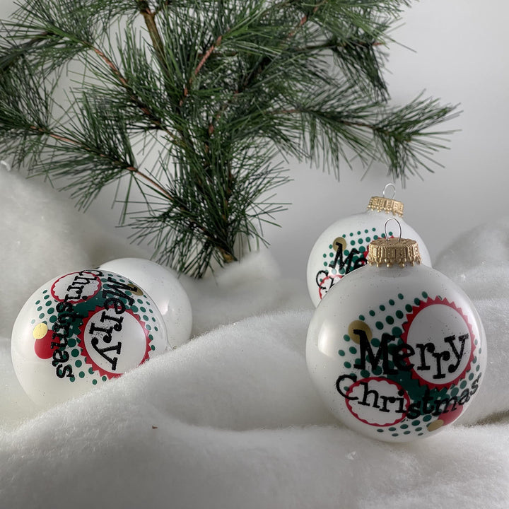 Glass Christmas Tree Ornaments - 67mm/2.625" [4 Pieces] Decorated Balls from Christmas by Krebs Seamless Hanging Holiday Decor (Porcelain White with Merry Christmas)