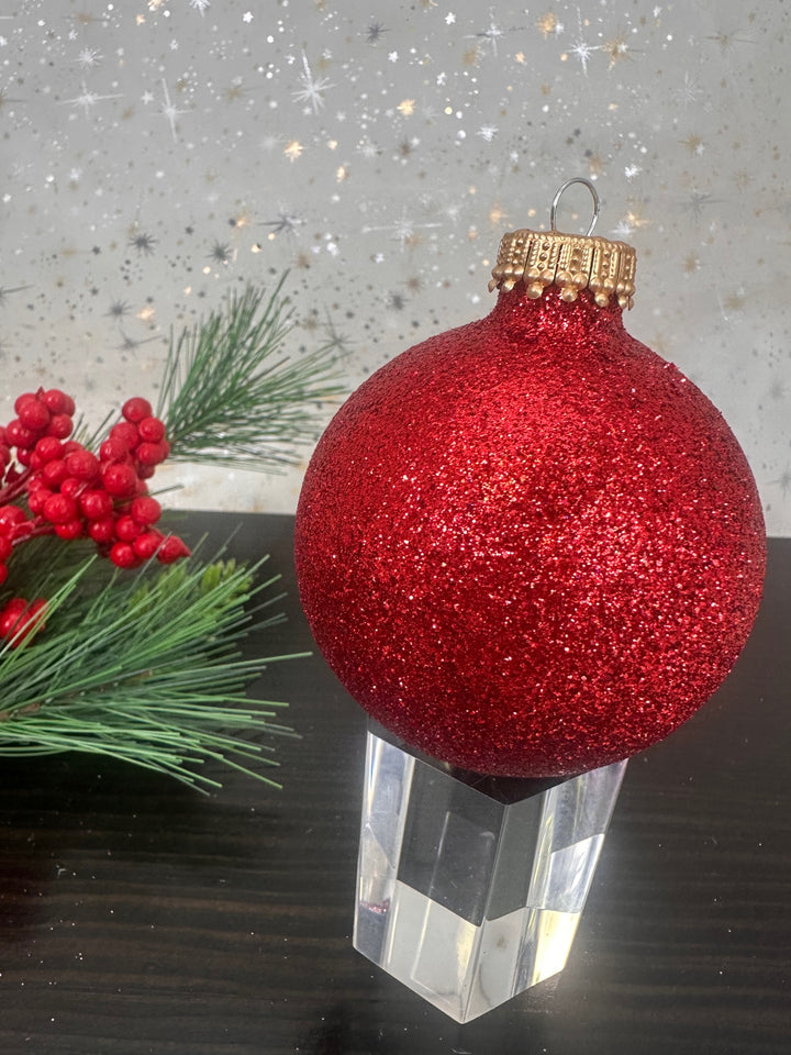 Glass Christmas Tree Ornaments - 67mm/2.63" Designer Balls from Christmas by Krebs - Seamless Hanging Holiday Decorations for Trees - Set of 12 Ornaments (Shiny, Velvet and Glitter Red)