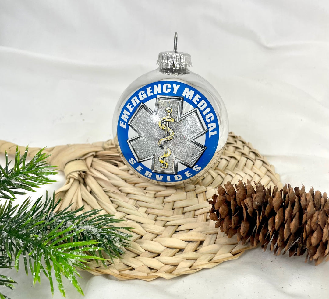 Christmas Tree Ornaments - 80mm / 3.25" Decorated Collectible Glass Balls from Christmas by Krebs - Handmade Hanging Holiday Decorations for Trees (Bright Silver with Emergency Medical Services-EMS Logo)